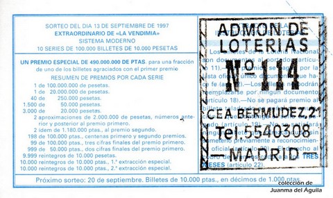 Reverso del décimo de Lotería Nacional de 1997 Sorteo 74