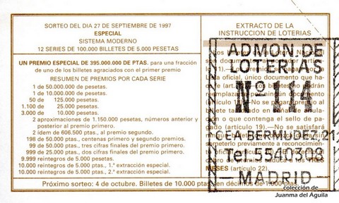 Reverso del décimo de Lotería Nacional de 1997 Sorteo 78