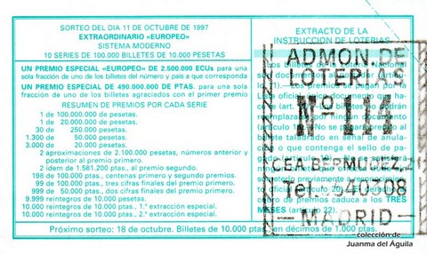 Reverso del décimo de Lotería Nacional de 1997 Sorteo 82