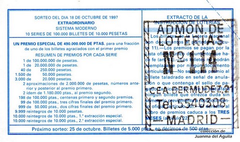 Reverso del décimo de Lotería Nacional de 1997 Sorteo 84