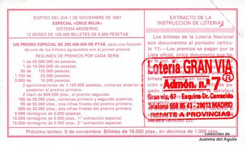 Reverso del décimo de Lotería Nacional de 1997 Sorteo 88