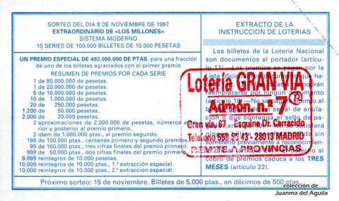 Reverso del décimo de Lotería Nacional de 1997 Sorteo 90