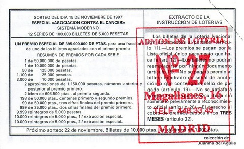 Reverso del décimo de Lotería Nacional de 1997 Sorteo 92
