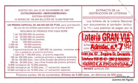 Reverso del décimo de Lotería Nacional de 1997 Sorteo 94