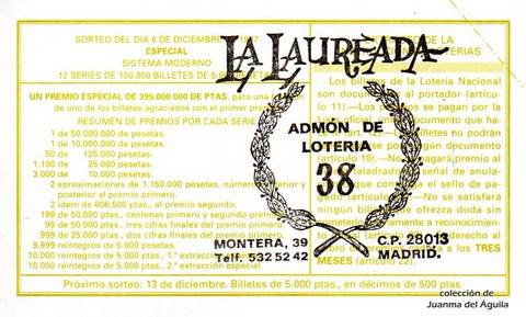Reverso del décimo de Lotería Nacional de 1997 Sorteo 98