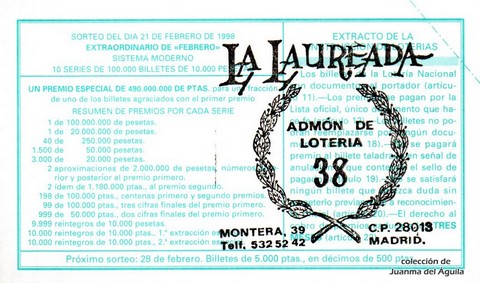 Reverso del décimo de Lotería Nacional de 1998 Sorteo 16