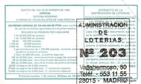 Reverso del décimo de Lotería Nacional de 1998 Sorteo 18