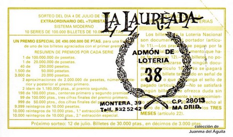 Reverso del décimo de Lotería Nacional de 1998 Sorteo 54