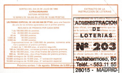 Reverso del décimo de Lotería Nacional de 1998 Sorteo 60
