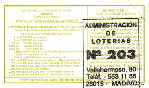 Reverso del décimo de Lotería Nacional de 1998 Sorteo 62