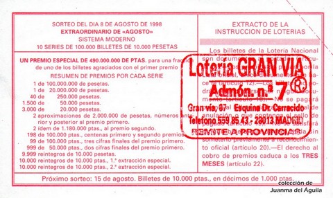 Reverso del décimo de Lotería Nacional de 1998 Sorteo 64