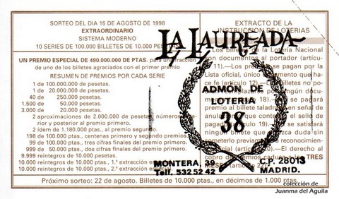 Reverso del décimo de Lotería Nacional de 1998 Sorteo 66