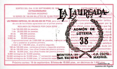 Reverso del décimo de Lotería Nacional de 1998 Sorteo 74