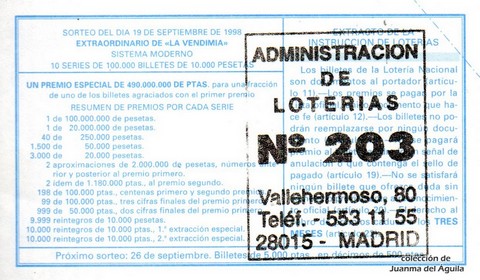 Reverso del décimo de Lotería Nacional de 1998 Sorteo 76