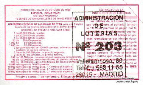 Reverso del décimo de Lotería Nacional de 1998 Sorteo 88