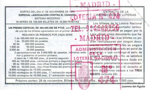 Reverso del décimo de Lotería Nacional de 1998 Sorteo 94