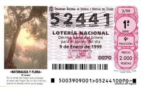 Décimo de Lotería Nacional de 1999 Sorteo 3 - «NATURALEZA Y FLORA» - El ocaso