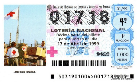 Décimo de Lotería Nacional de 1999 Sorteo 31 - «CRUZ ROJA ESPAÑOLA»