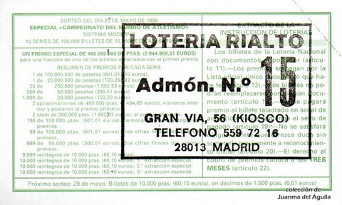 Reverso décimo de Lotería 1999 / 41