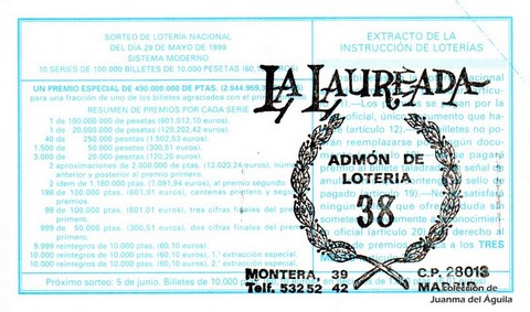 Reverso décimo de Lotería 1999 / 43