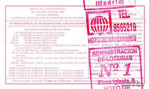 Reverso décimo de Lotería 1999 / 51