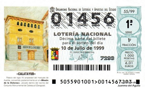 Décimo de Lotería Nacional de 1999 Sorteo 55 - «CALATAYUD»