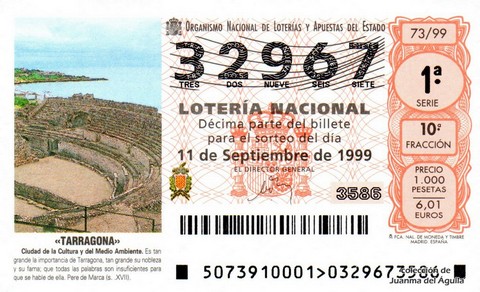 Décimo de Lotería Nacional de 1999 Sorteo 73 - «TARRAGONA»