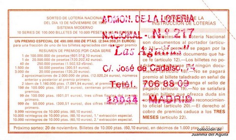 Reverso décimo de Lotería 1999 / 91