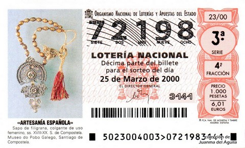 Décimo de Lotería Nacional de 2000 Sorteo 23 - «ARTESANÍA ESPAÑOLA» - SAPO DE FILIGRANA. SS XVIII-XX