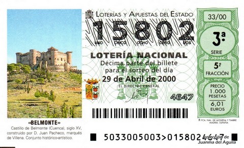 Décimo de Lotería Nacional de 2000 Sorteo 33 - «BELMONTE»