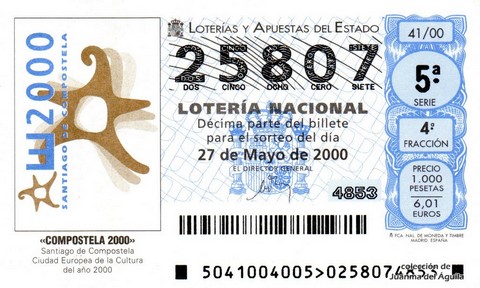 Décimo de Lotería Nacional de 2000 Sorteo 41 - «COMPOSTELA 2000»