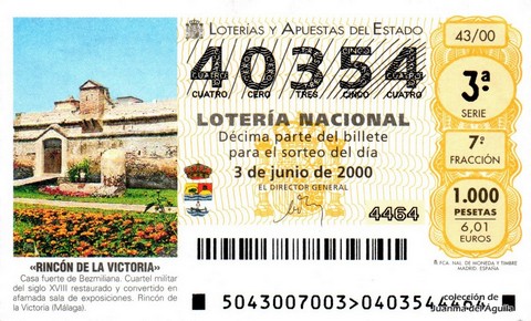 Décimo de Lotería Nacional de 2000 Sorteo 43 - «RINCÓN DE LA VICTORIA»