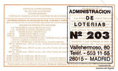 Reverso décimo de Lotería 2000 / 55