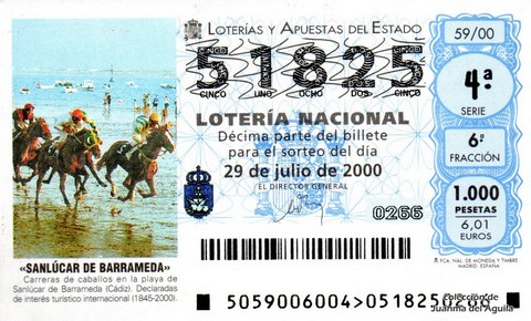 Décimo de Lotería Nacional de 2000 Sorteo 59 - «SANLÚCAR DE BARRAMEDA»
