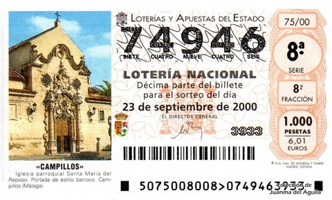 Décimo de Lotería Nacional de 2000 Sorteo 75 - «CAMPILLOS»
