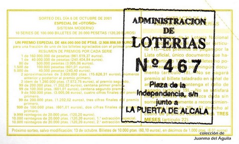 Reverso del décimo de Lotería Nacional de 2001 Sorteo 80