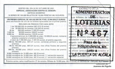 Reverso del décimo de Lotería Nacional de 2001 Sorteo 84