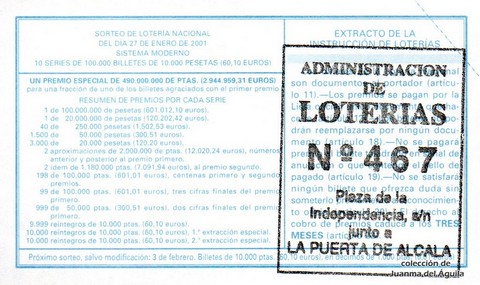 Reverso del décimo de Lotería Nacional de 2001 Sorteo 8