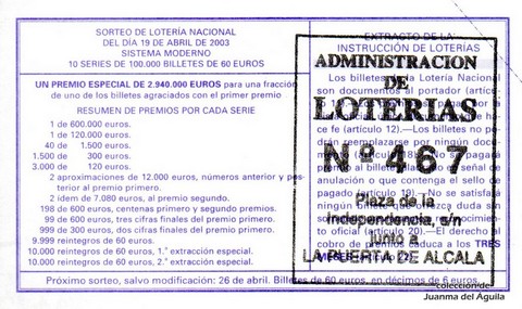 Reverso décimo de Lotería 2003 / 32