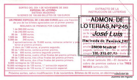 Reverso décimo de Lotería 2003 / 88