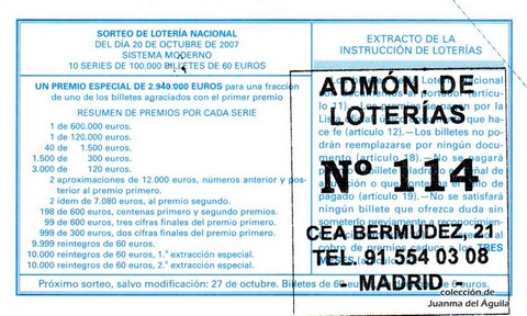 Reverso décimo de Lotería 2007 / 84