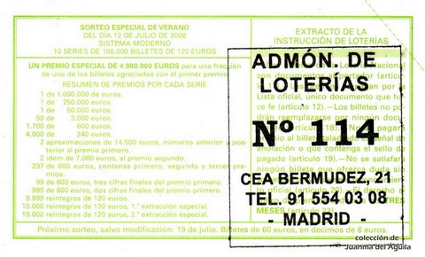 Reverso décimo de Lotería 2008 / 56