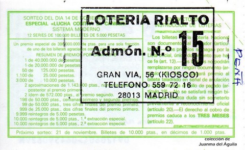 Reverso del décimo de Lotería Nacional de 1992 Sorteo 91