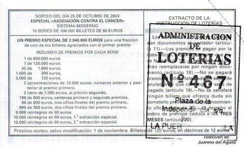 Reverso del décimo de Lotería Nacional de 2003 Sorteo 86