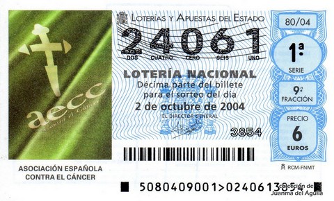 Décimo de Lotería Nacional de 2004 Sorteo 80 - ASOCIACIÓN ESPAÑOLA CONTRA EL CÁNCER