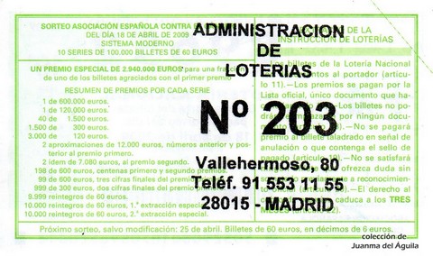 Reverso del décimo de Lotería Nacional de 2009 Sorteo 32