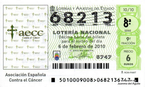 Décimo de Lotería Nacional de 2010 Sorteo 10 - Asociación Española Contra el Cáncer