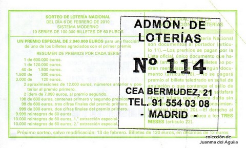 Reverso décimo de Lotería 2010 / 10