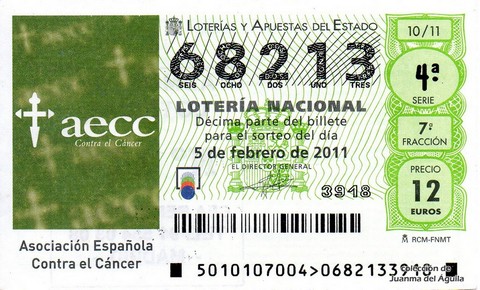 Décimo de Lotería Nacional de 2011 Sorteo 10 - Asociación Española Contra el Cáncer