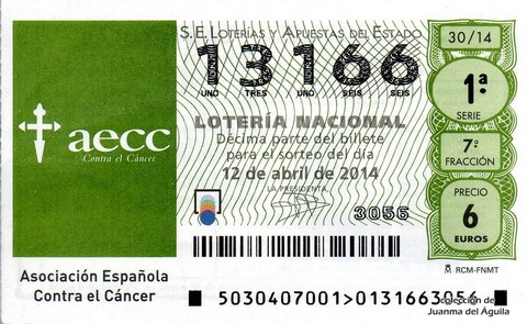 Décimo de Lotería Nacional de 2014 Sorteo 30 - Asociación Española Contra el Cáncer